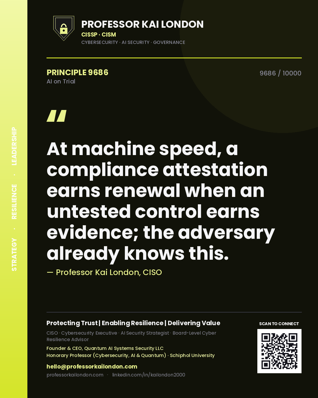 Professor Kai London principle 9686: At machine speed, a compliance attestation earns renewal when an untested control earns evidence; the adversary already knows this.