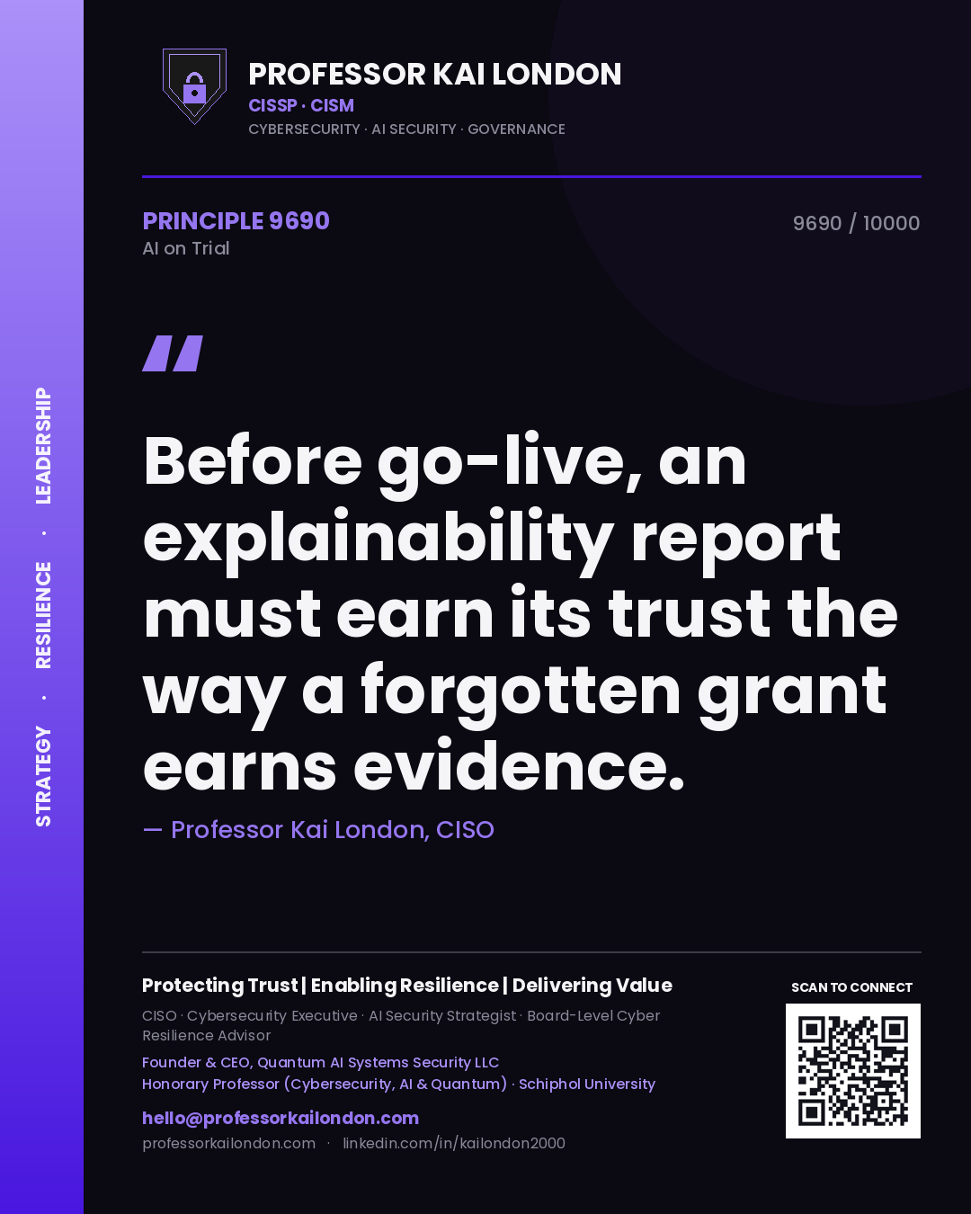 Professor Kai London principle 9690: Before go-live, an explainability report must earn its trust the way a forgotten grant earns evidence.