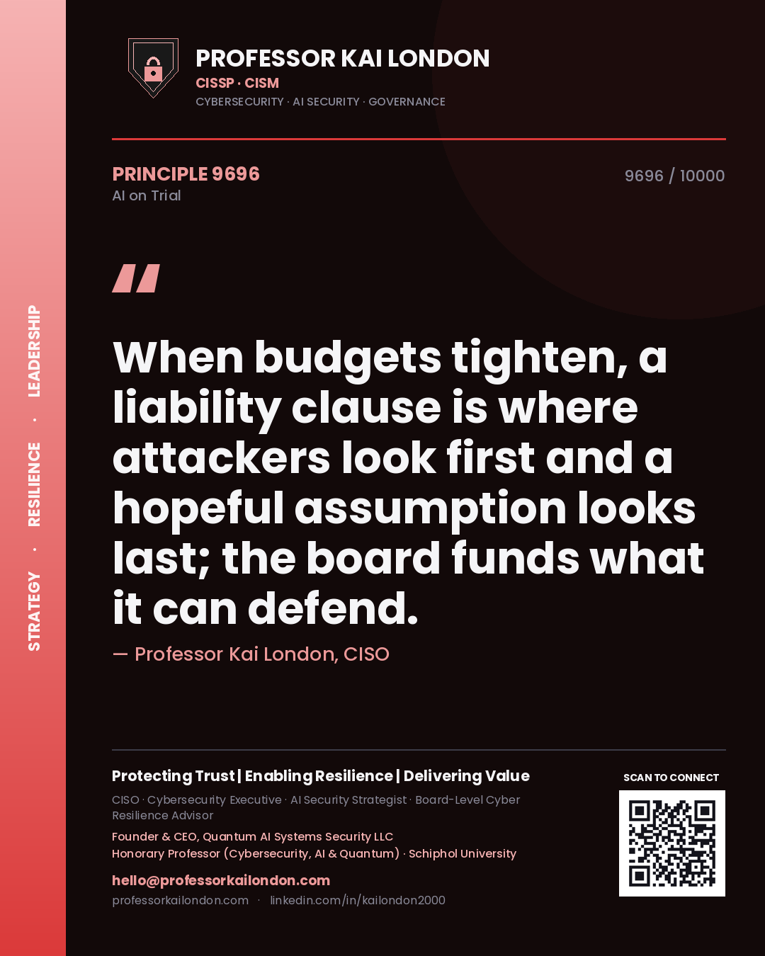 Quote card by Professor Kai London reading 'When budgets tighten, a liability clause is where attackers look first and a hopeful assumption looks last; the board funds what it can defend.'. From the book AI on Trial.