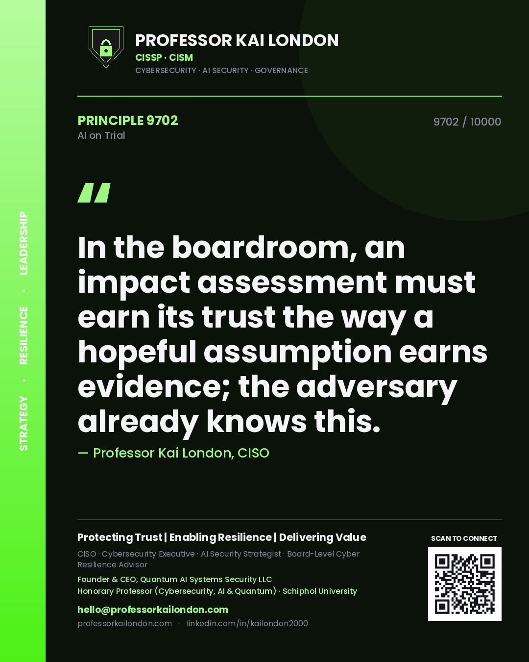 Professor Kai London principle 9702: In the boardroom, an impact assessment must earn its trust the way a hopeful assumption earns evidence; the adversary already knows this.