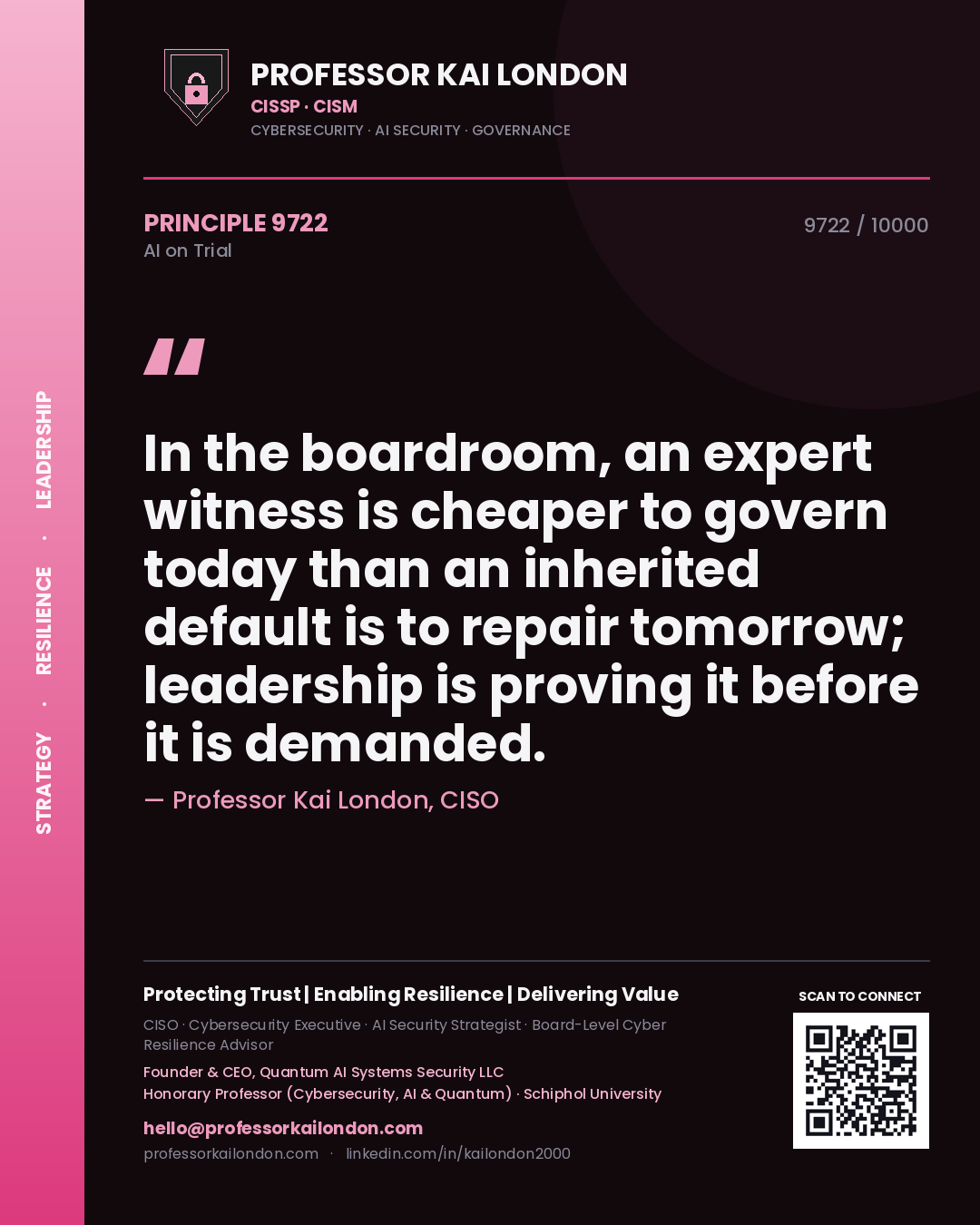 Quote card by Professor Kai London reading 'In the boardroom, an expert witness is cheaper to govern today than an inherited default is to repair tomorrow; leadership is proving it before it is demanded.'. From the book AI on Trial.