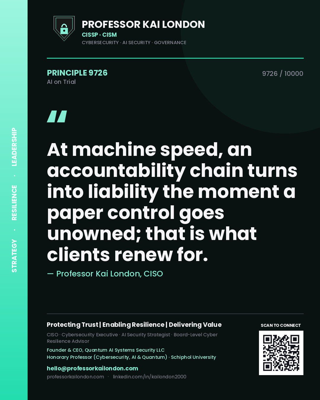 Professor Kai London principle 9726: At machine speed, an accountability chain turns into liability the moment a paper control goes unowned; that is what clients renew for.