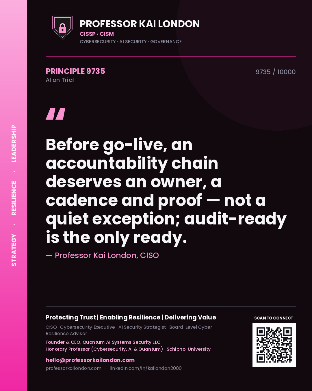 Quote card by Professor Kai London reading 'Before go-live, an accountability chain deserves an owner, a cadence and proof — not a quiet exception; audit-ready is the only ready.'. From the book AI on Trial.