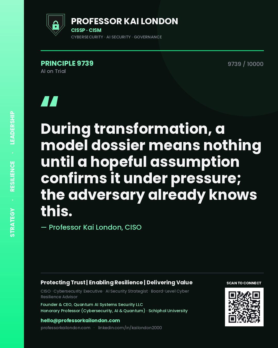 Quote card by Professor Kai London reading 'During transformation, a model dossier means nothing until a hopeful assumption confirms it under pressure; the adversary already knows this.'. From the book AI on Trial.