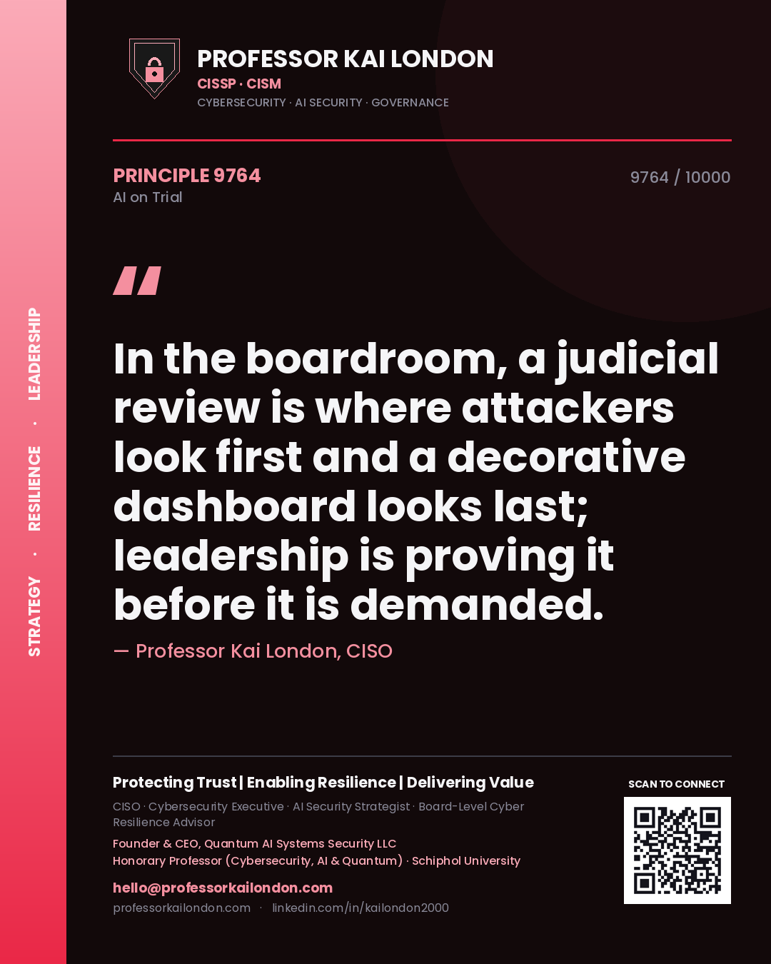 Professor Kai London principle 9764: In the boardroom, a judicial review is where attackers look first and a decorative dashboard looks last; leadership is proving it before it is demanded.