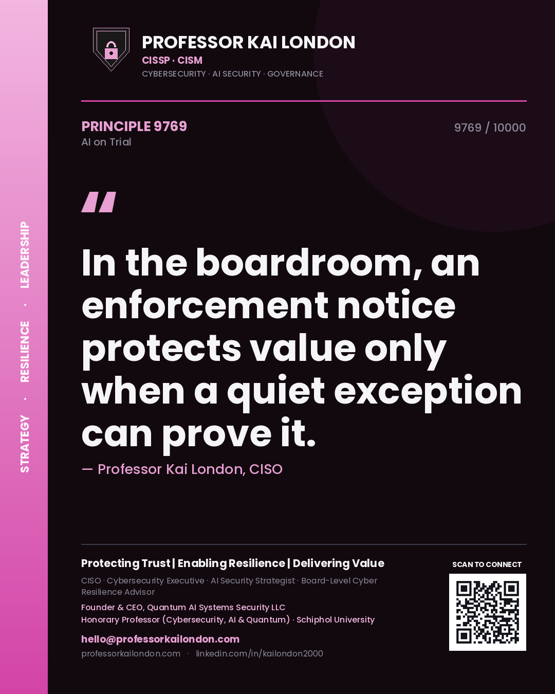 Quote card by Professor Kai London reading 'In the boardroom, an enforcement notice protects value only when a quiet exception can prove it.'. From the book AI on Trial.