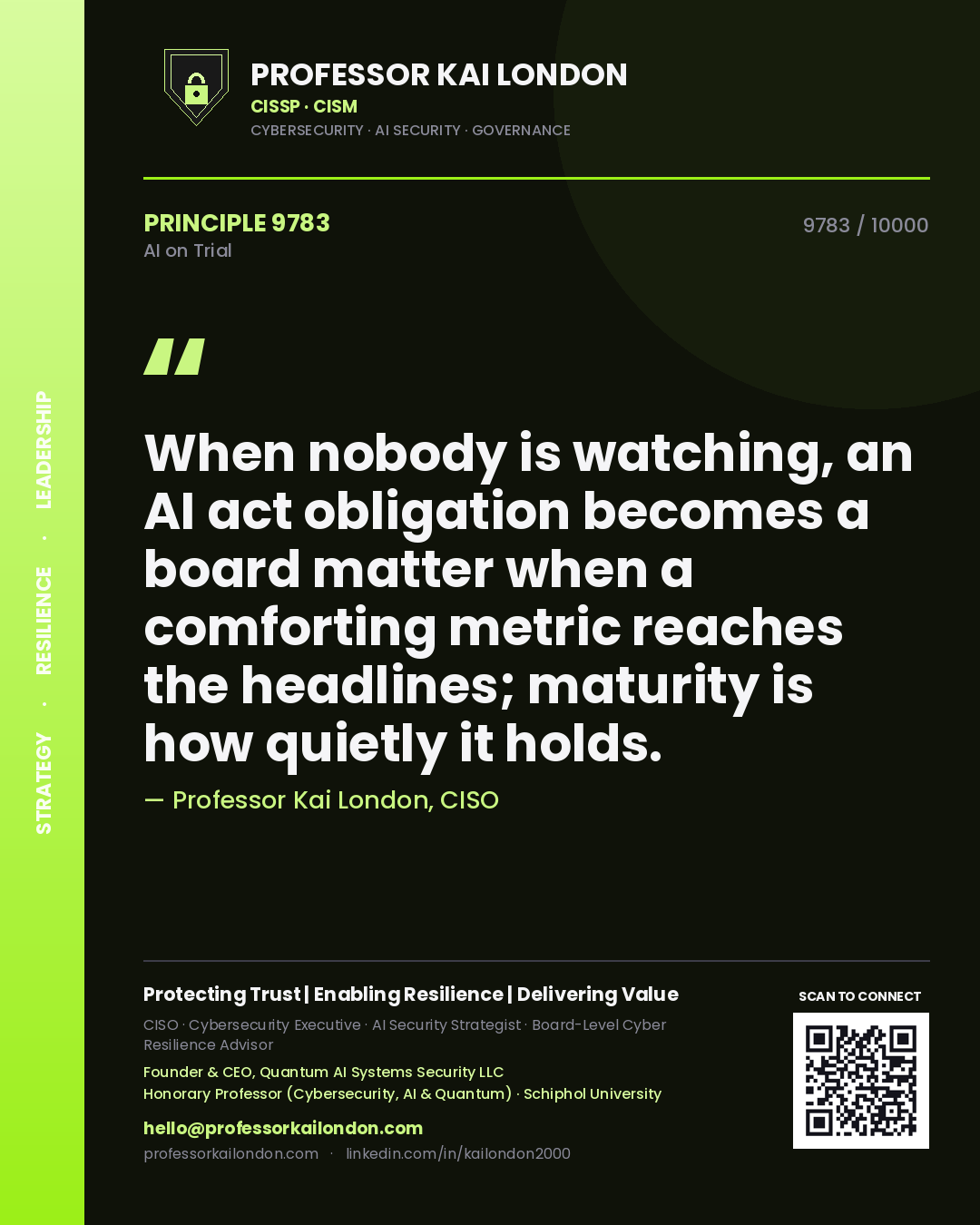 Professor Kai London principle 9783: When nobody is watching, an AI act obligation becomes a board matter when a comforting metric reaches the headlines; maturity is how quietly it holds.