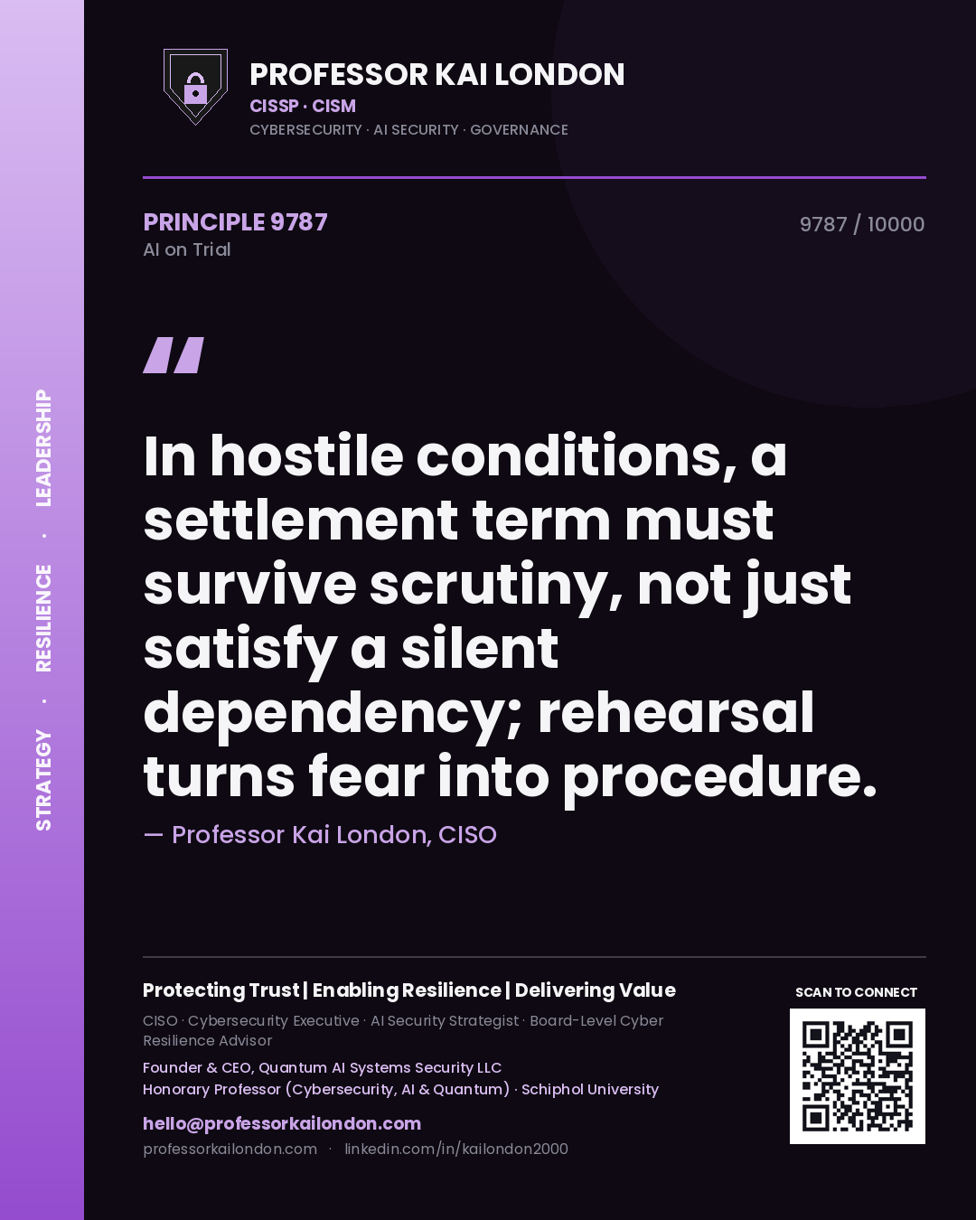 Professor Kai London principle 9787: In hostile conditions, a settlement term must survive scrutiny, not just satisfy a silent dependency; rehearsal turns fear into procedure.