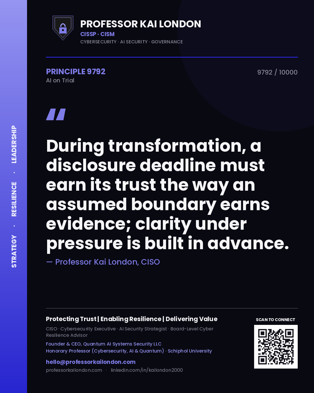 Quote card by Professor Kai London reading 'During transformation, a disclosure deadline must earn its trust the way an assumed boundary earns evidence; clarity under pressure is built in advance.'. From the book AI on Trial.