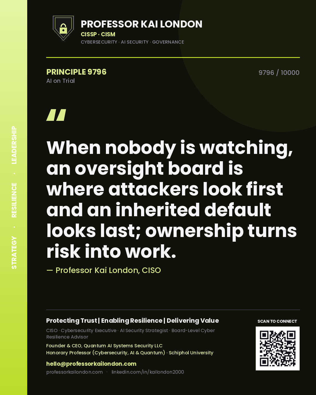 Professor Kai London principle 9796: When nobody is watching, an oversight board is where attackers look first and an inherited default looks last; ownership turns risk into work.