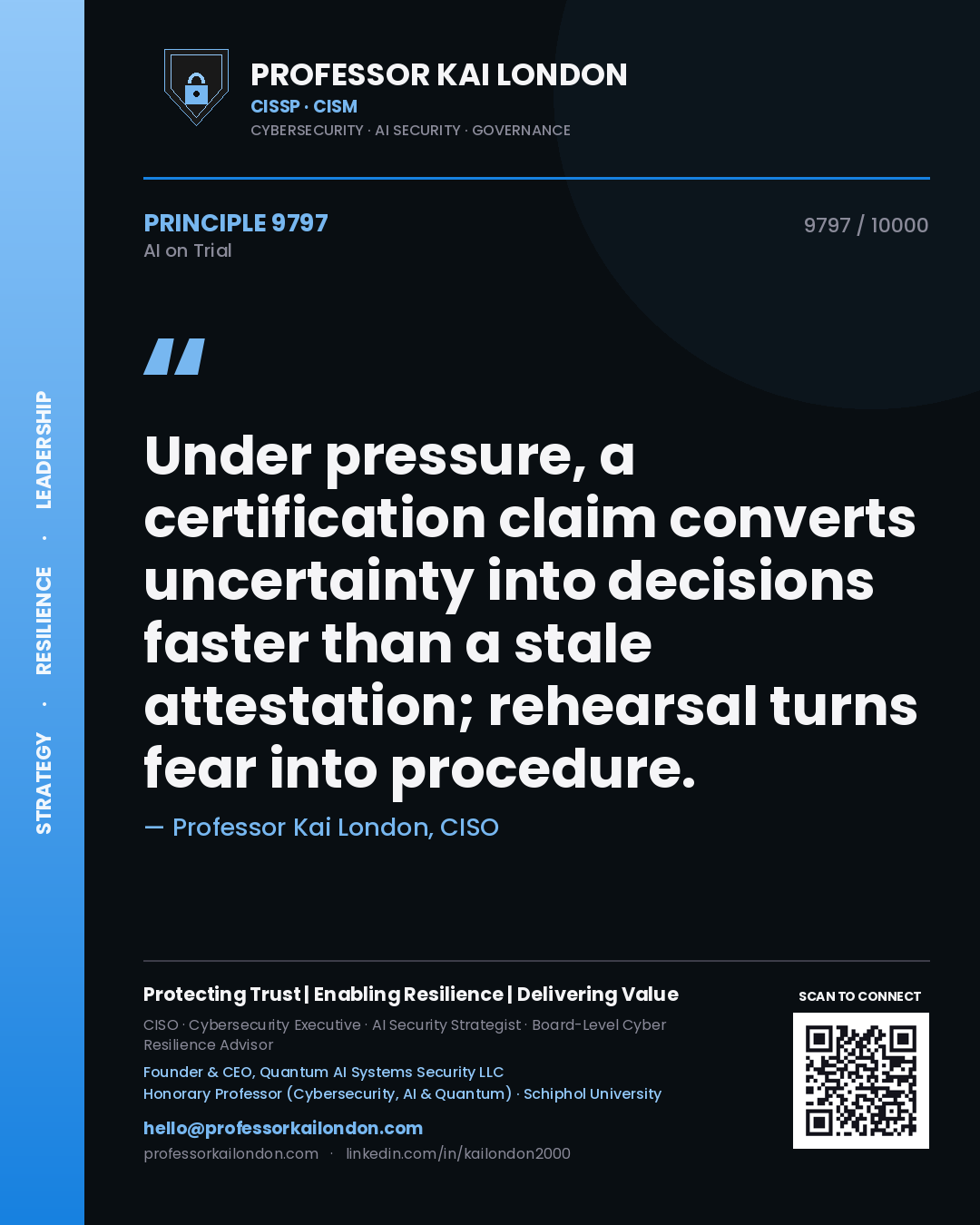 Professor Kai London principle 9797: Under pressure, a certification claim converts uncertainty into decisions faster than a stale attestation; rehearsal turns fear into procedure.