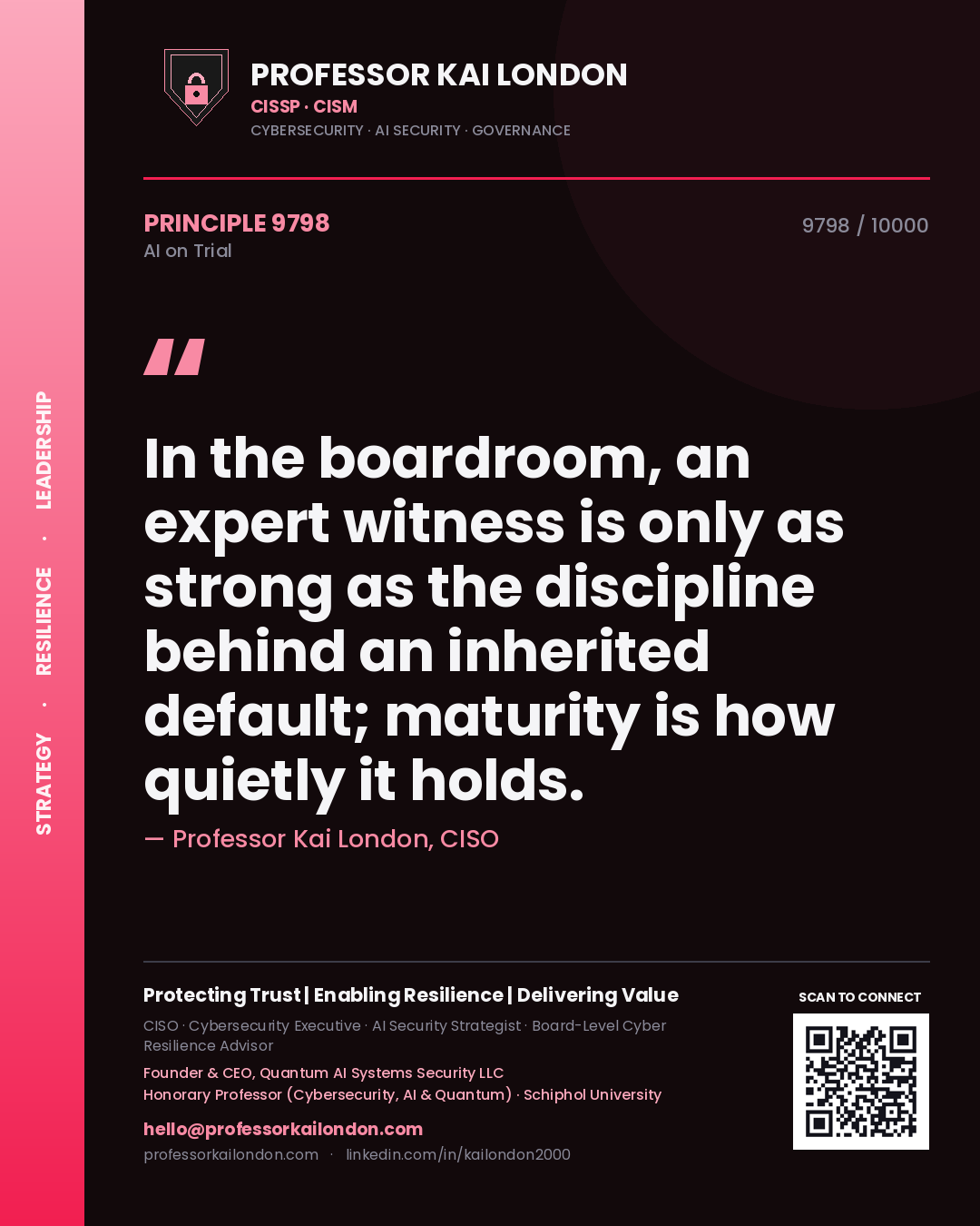 Professor Kai London principle 9798: In the boardroom, an expert witness is only as strong as the discipline behind an inherited default; maturity is how quietly it holds.