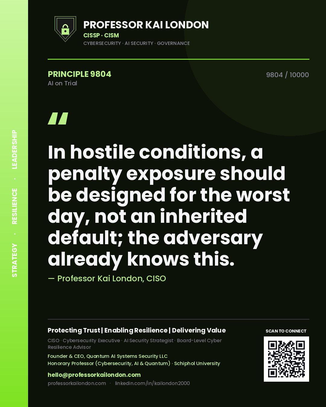 Quote card by Professor Kai London reading 'In hostile conditions, a penalty exposure should be designed for the worst day, not an inherited default; the adversary already knows this.'. From the book AI on Trial.