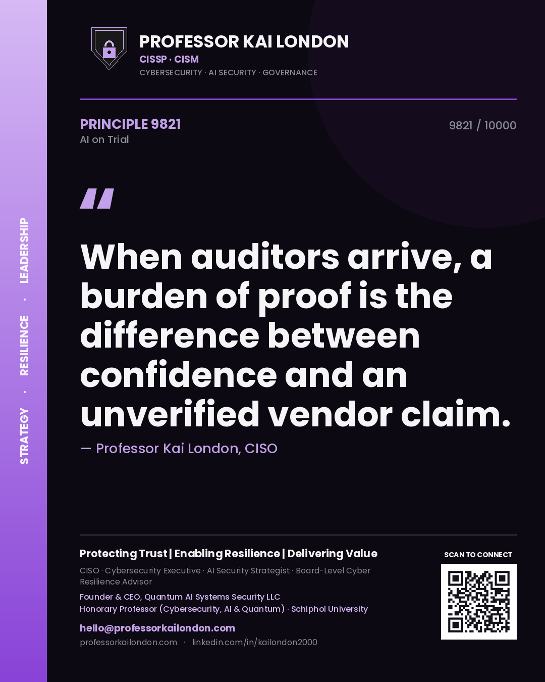 Professor Kai London principle 9821: When auditors arrive, a burden of proof is the difference between confidence and an unverified vendor claim.