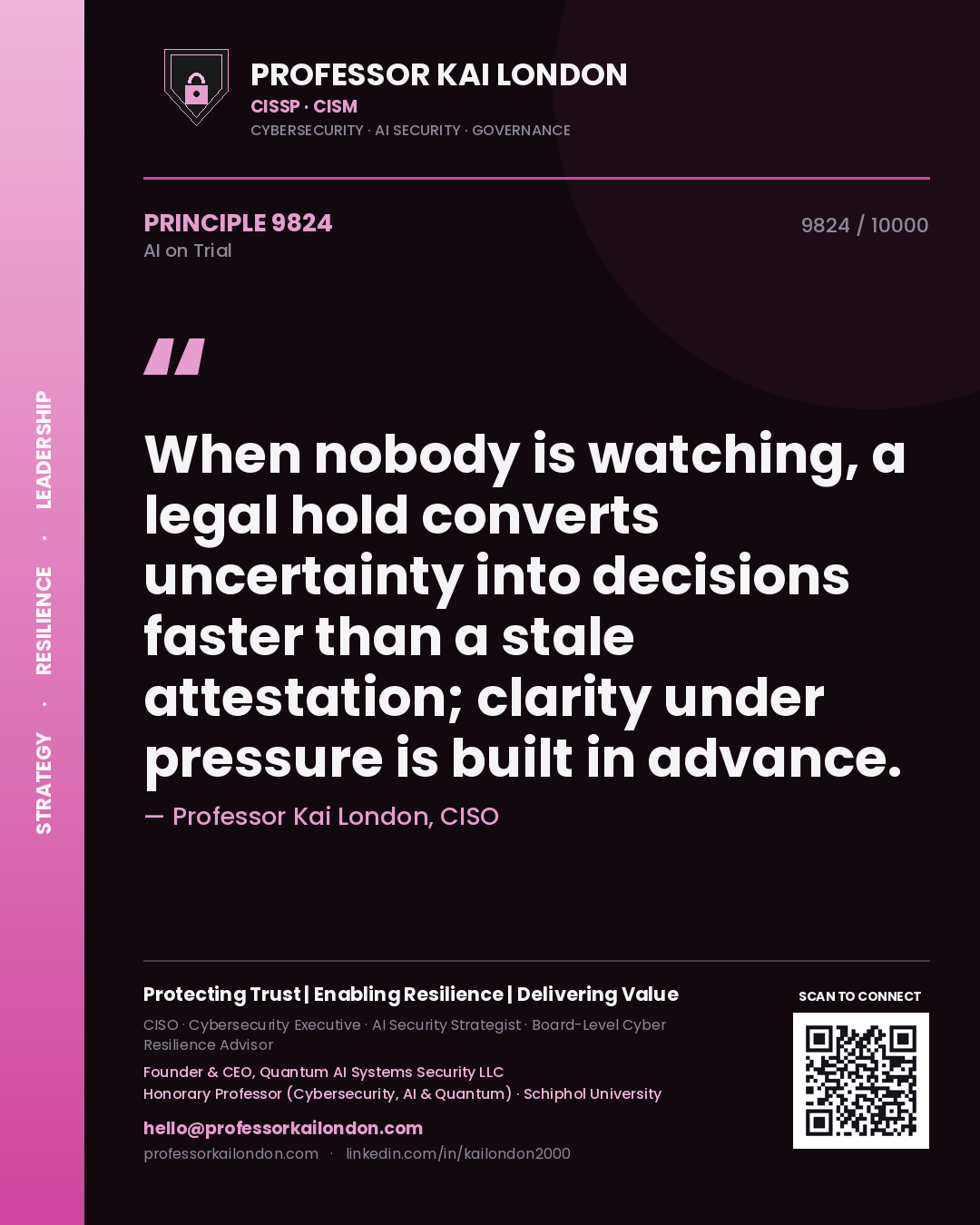 Quote card by Professor Kai London reading 'When nobody is watching, a legal hold converts uncertainty into decisions faster than a stale attestation; clarity under pressure is built in advance.'. From the book AI on Trial.
