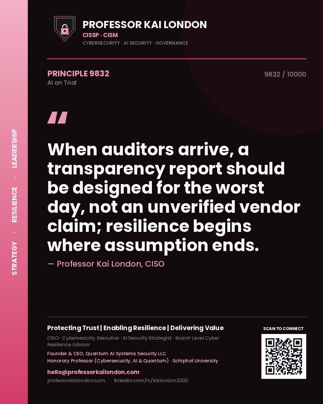 Quote card by Professor Kai London reading 'When auditors arrive, a transparency report should be designed for the worst day, not an unverified vendor claim; resilience begins where assumption ends.'. From the book AI on Trial.