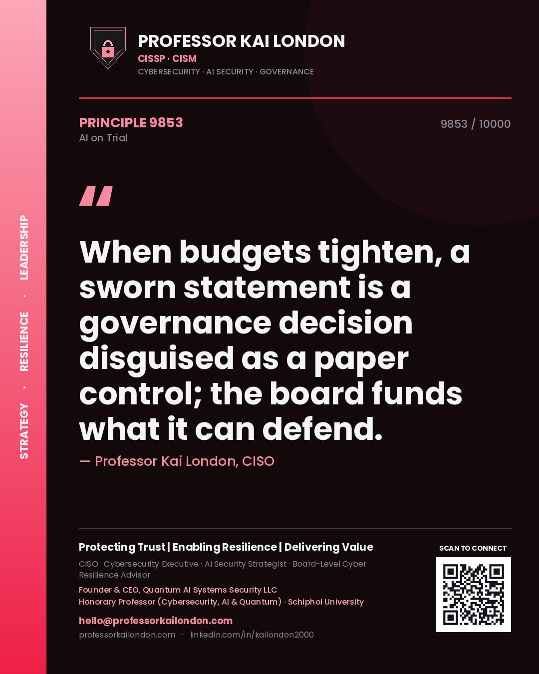 Quote card by Professor Kai London reading 'When budgets tighten, a sworn statement is a governance decision disguised as a paper control; the board funds what it can defend.'. From the book AI on Trial.