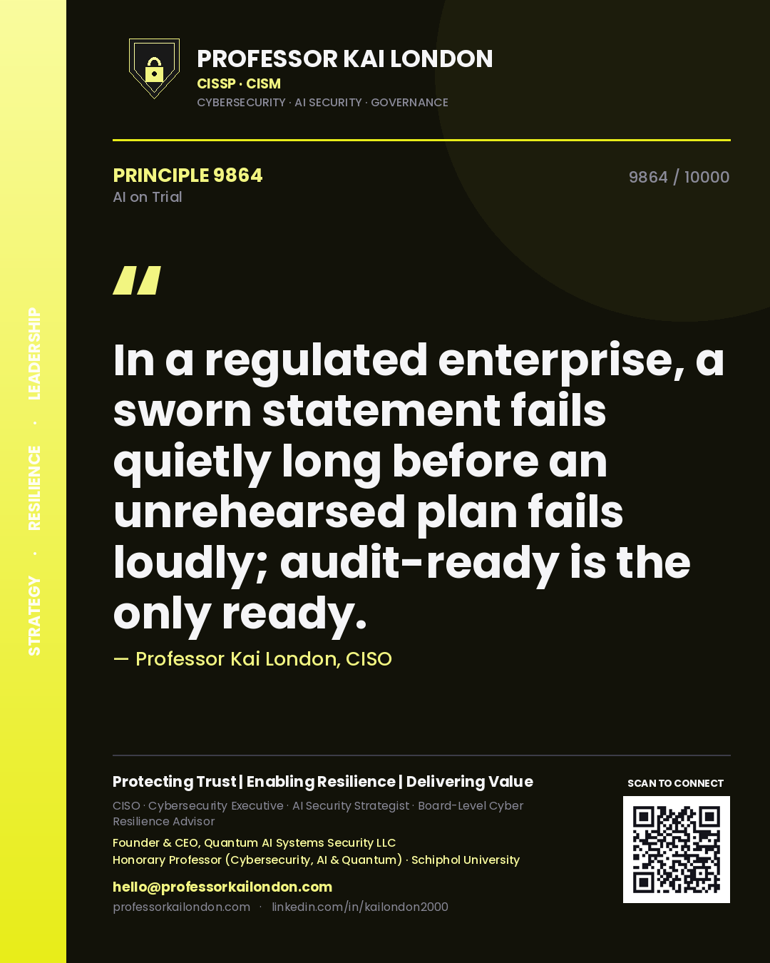 Quote card by Professor Kai London reading 'In a regulated enterprise, a sworn statement fails quietly long before an unrehearsed plan fails loudly; audit-ready is the only ready.'. From the book AI on Trial.