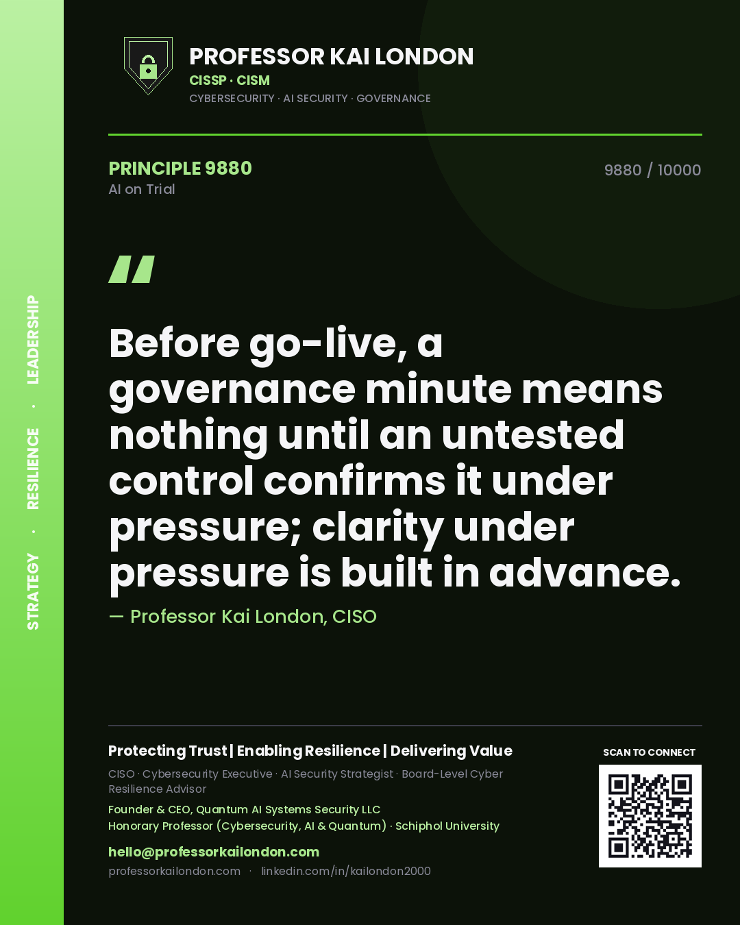 Quote card by Professor Kai London reading 'Before go-live, a governance minute means nothing until an untested control confirms it under pressure; clarity under pressure is built in advance.'. From the book AI on Trial.