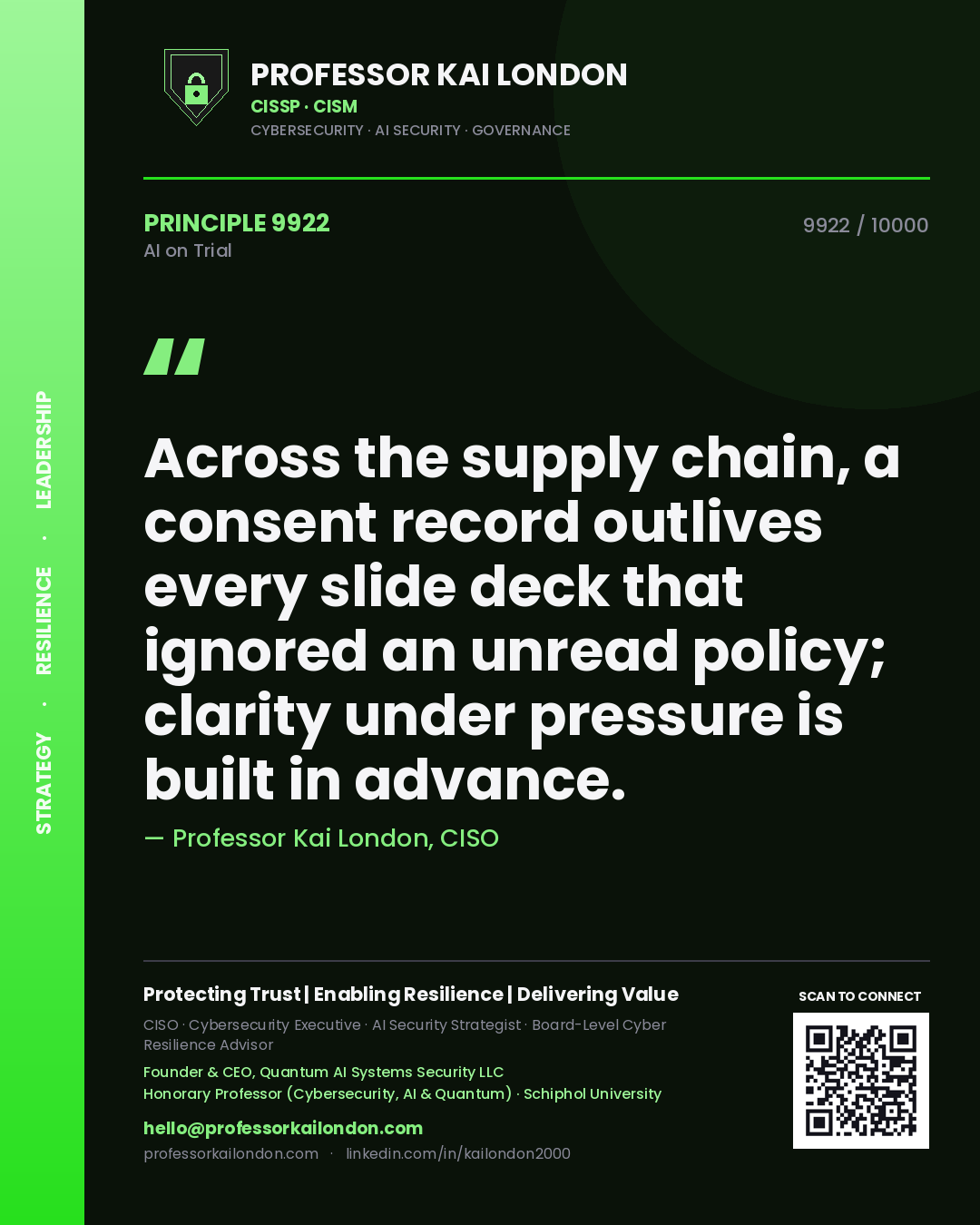 Quote card by Professor Kai London reading 'Across the supply chain, a consent record outlives every slide deck that ignored an unread policy; clarity under pressure is built in advance.'. From the book AI on Trial.