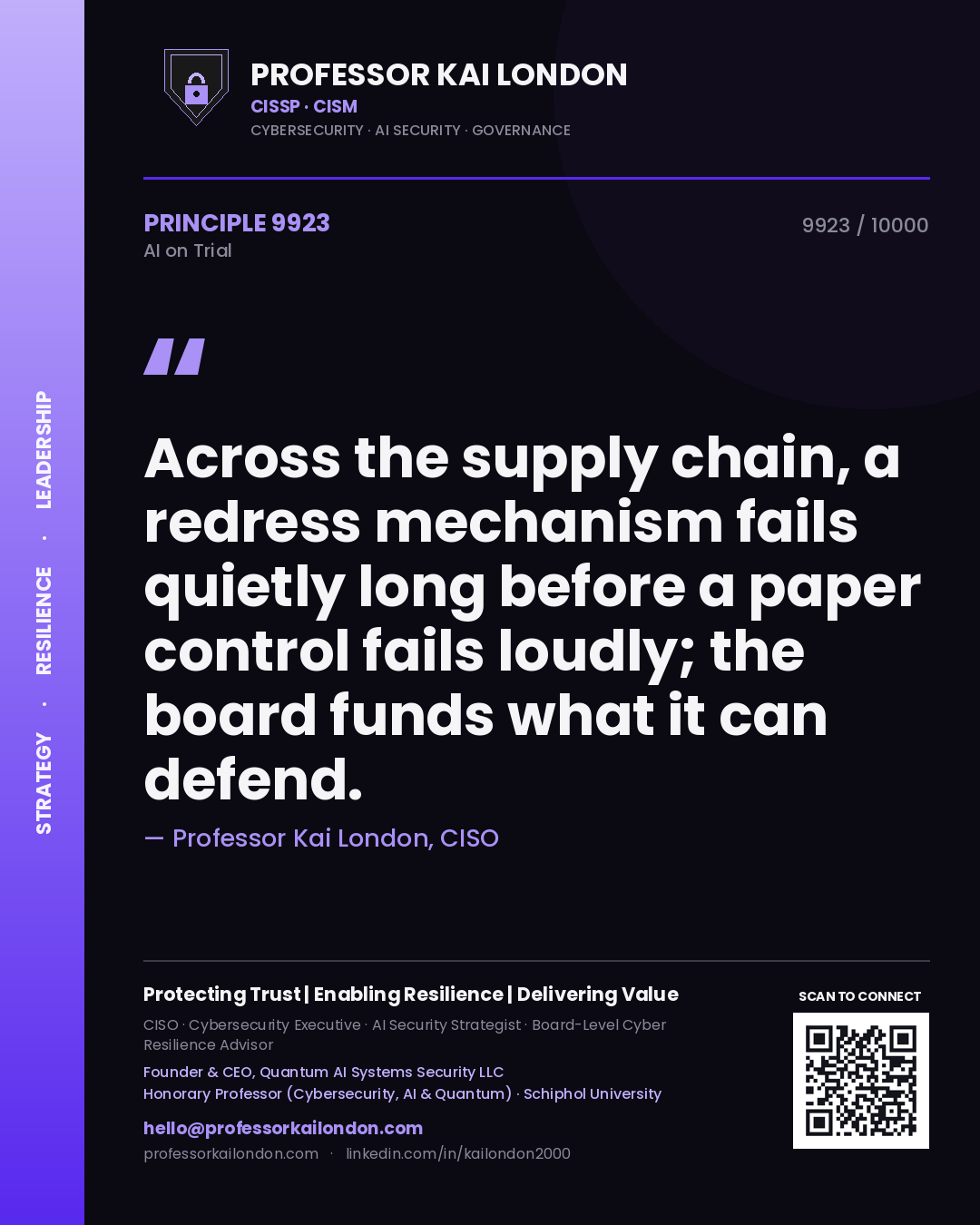 Professor Kai London principle 9923: Across the supply chain, a redress mechanism fails quietly long before a paper control fails loudly; the board funds what it can defend.