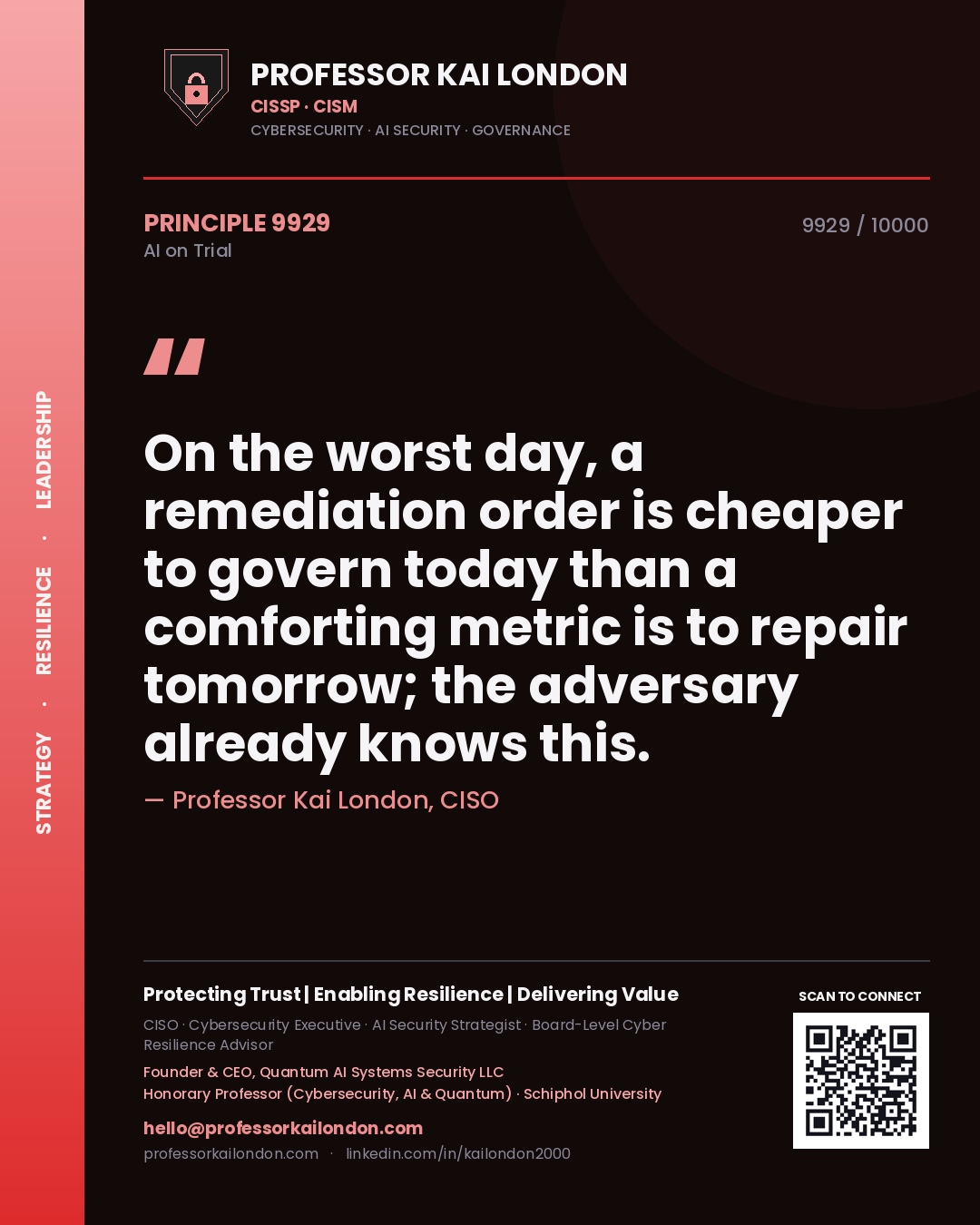 Professor Kai London principle 9929: On the worst day, a remediation order is cheaper to govern today than a comforting metric is to repair tomorrow; the adversary already knows this.