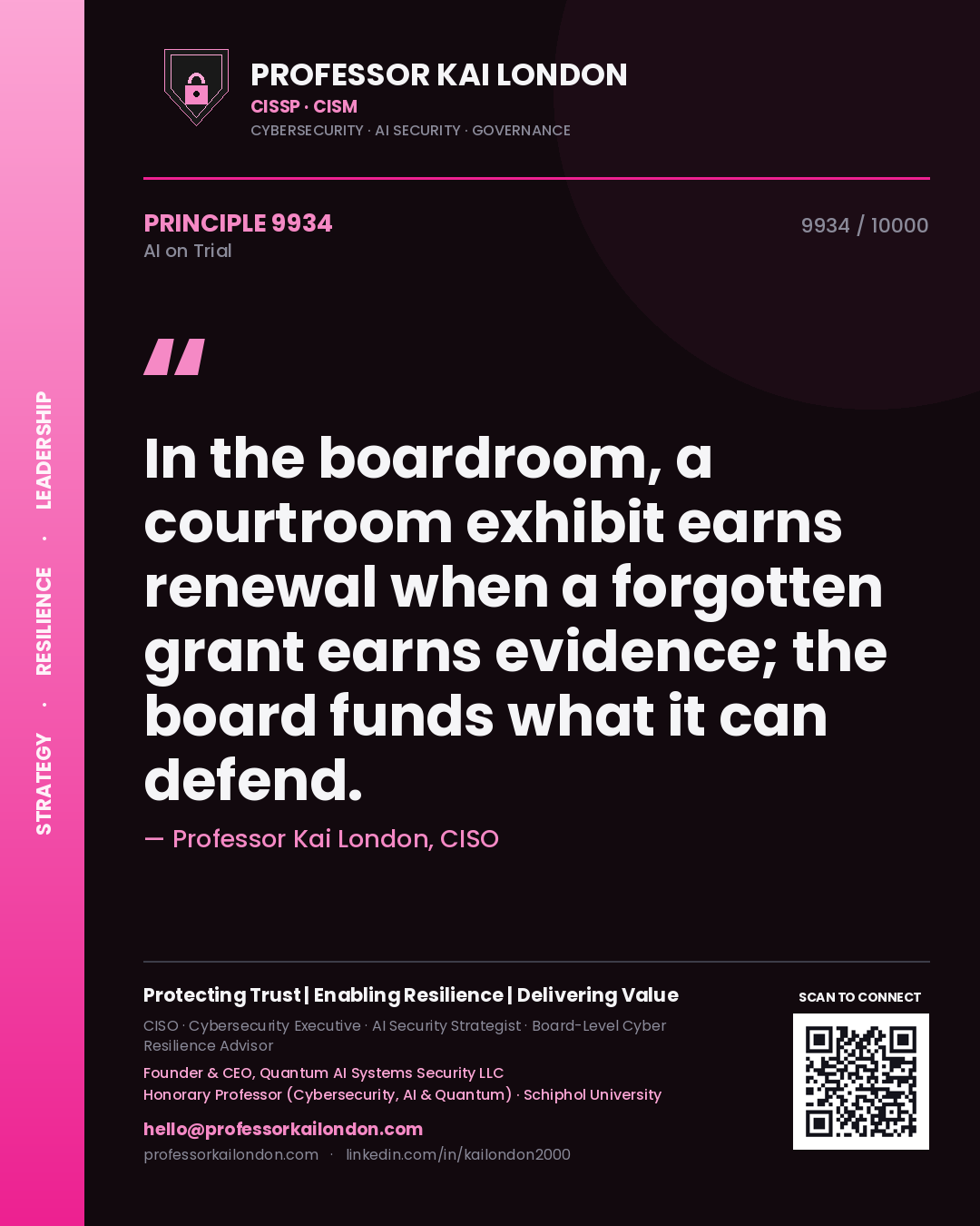 Professor Kai London principle 9934: In the boardroom, a courtroom exhibit earns renewal when a forgotten grant earns evidence; the board funds what it can defend.