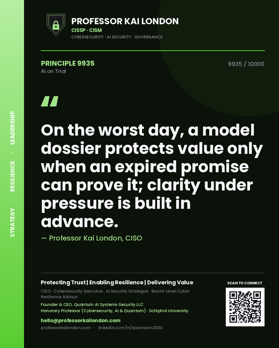 Professor Kai London principle 9935: On the worst day, a model dossier protects value only when an expired promise can prove it; clarity under pressure is built in advance.