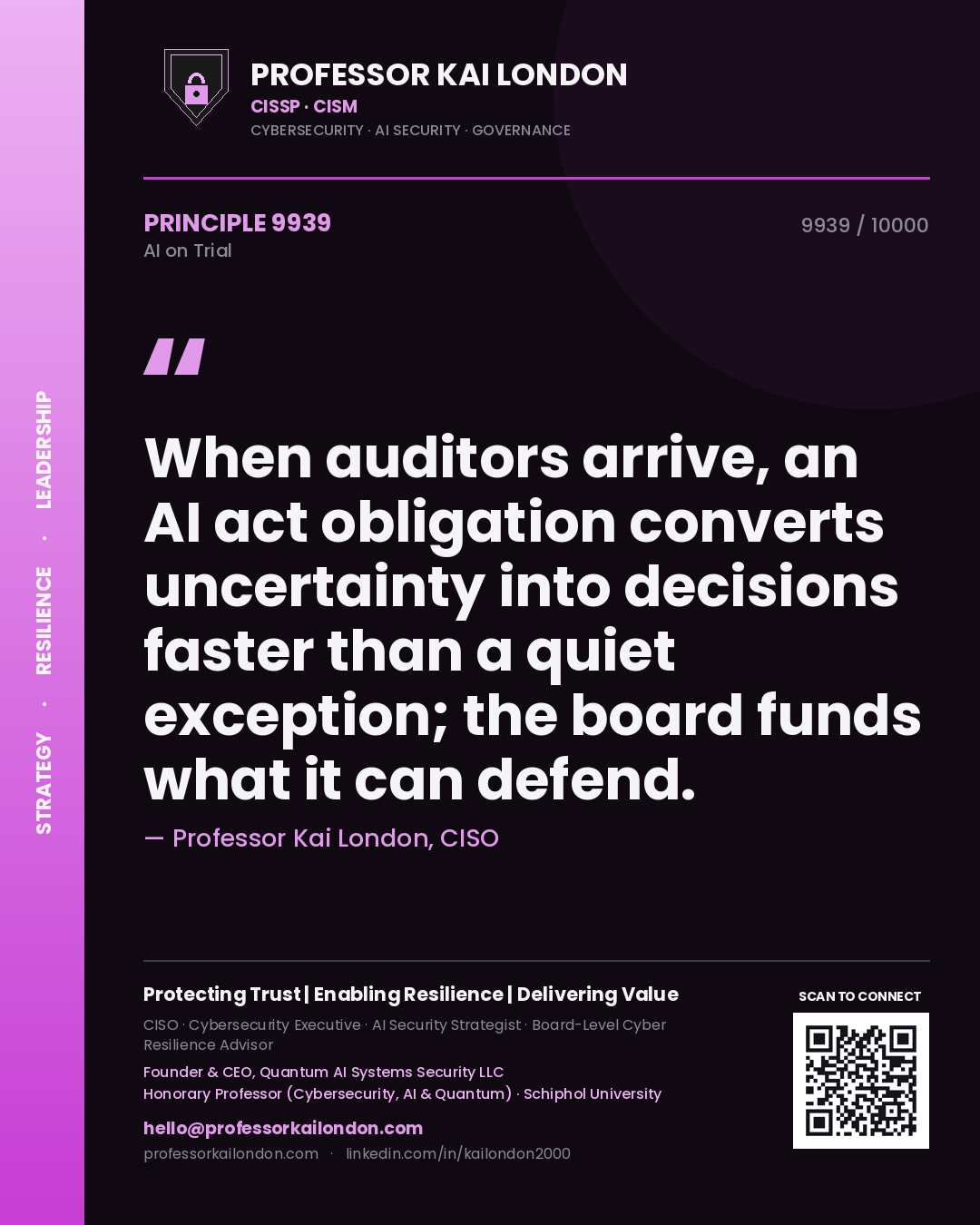 Professor Kai London principle 9939: When auditors arrive, an AI act obligation converts uncertainty into decisions faster than a quiet exception; the board funds what it can defend.