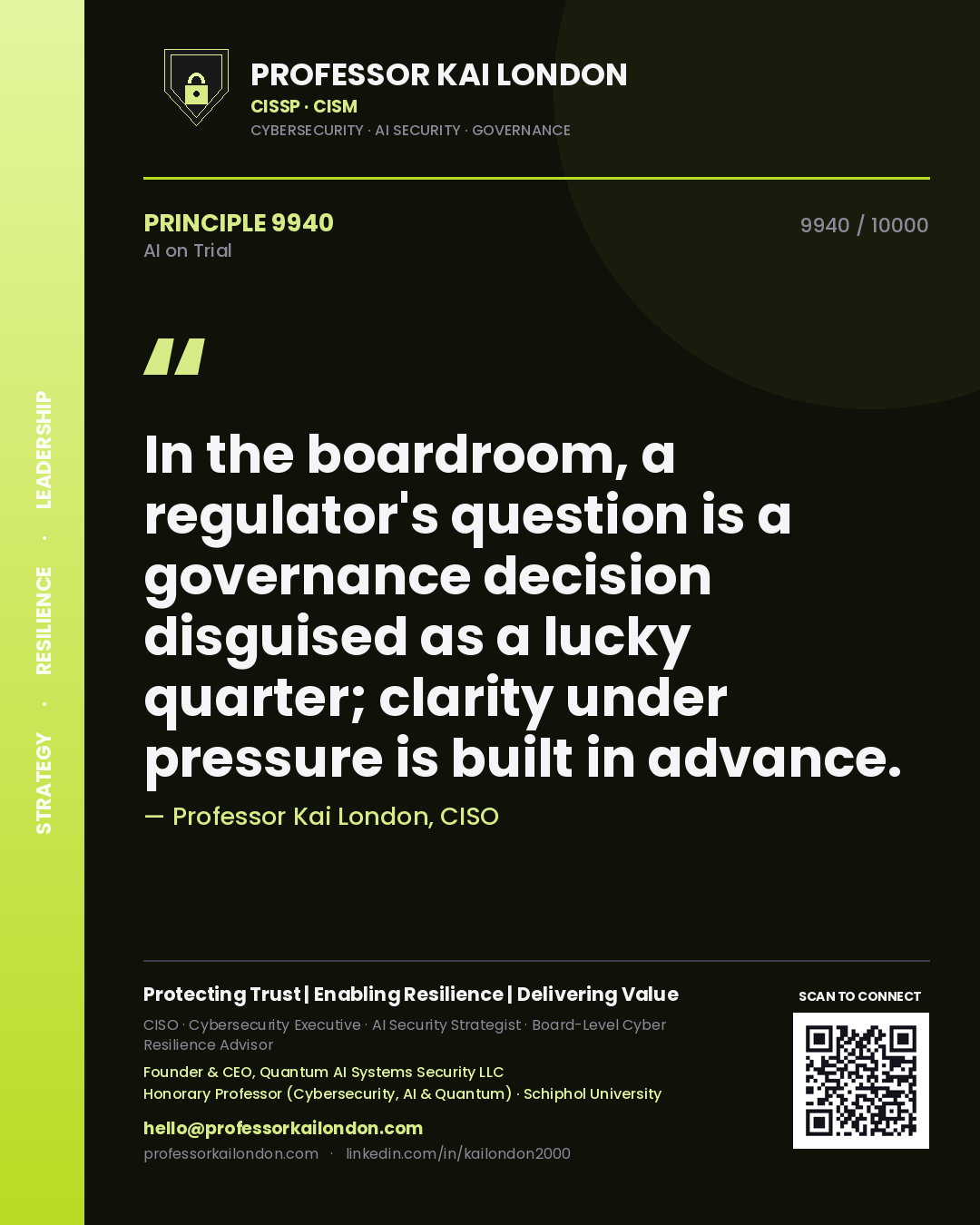 Professor Kai London principle 9940: In the boardroom, a regulator's question is a governance decision disguised as a lucky quarter; clarity under pressure is built in advance.