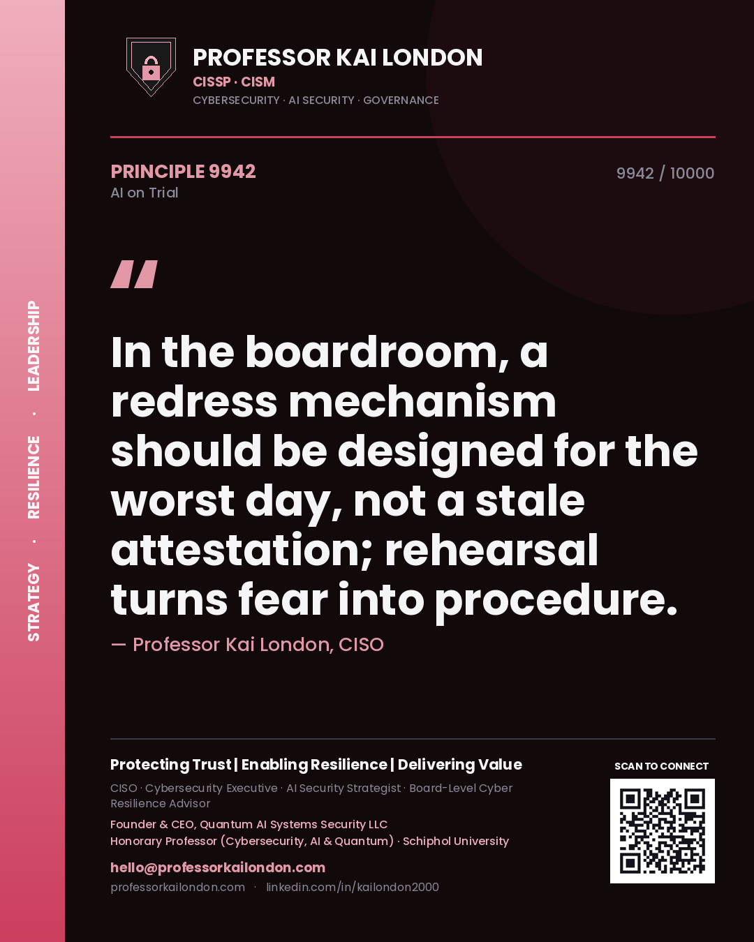 Professor Kai London principle 9942: In the boardroom, a redress mechanism should be designed for the worst day, not a stale attestation; rehearsal turns fear into procedure.