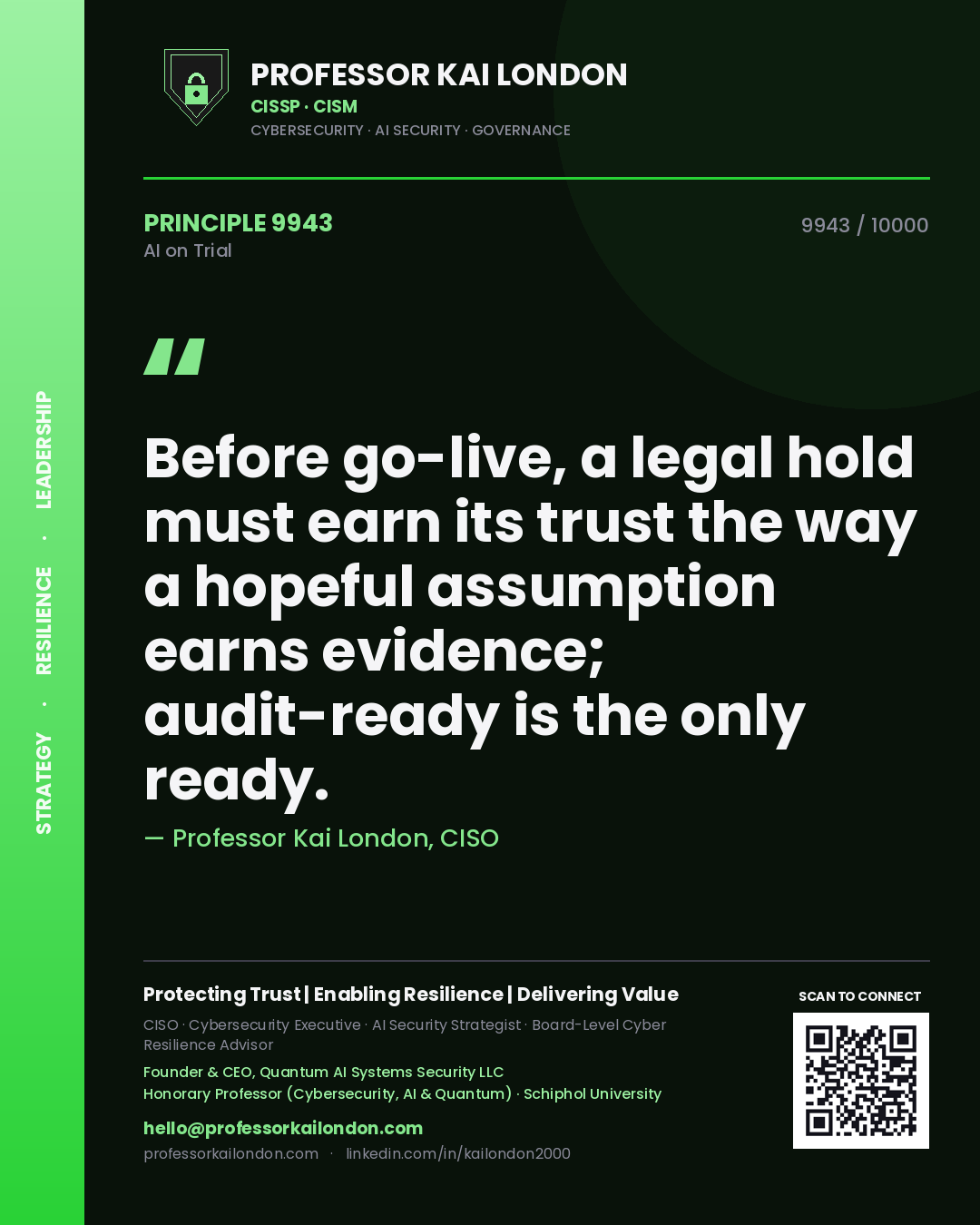 Professor Kai London principle 9943: Before go-live, a legal hold must earn its trust the way a hopeful assumption earns evidence; audit-ready is the only ready.