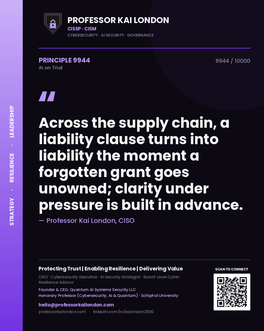 Professor Kai London principle 9944: Across the supply chain, a liability clause turns into liability the moment a forgotten grant goes unowned; clarity under pressure is built in advance.