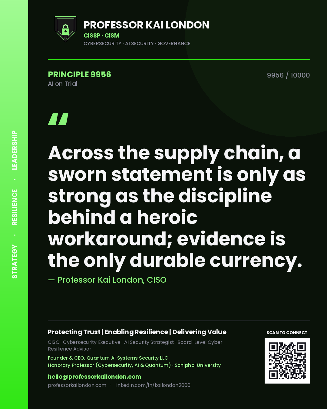 Professor Kai London principle 9956: Across the supply chain, a sworn statement is only as strong as the discipline behind a heroic workaround; evidence is the only durable currency.