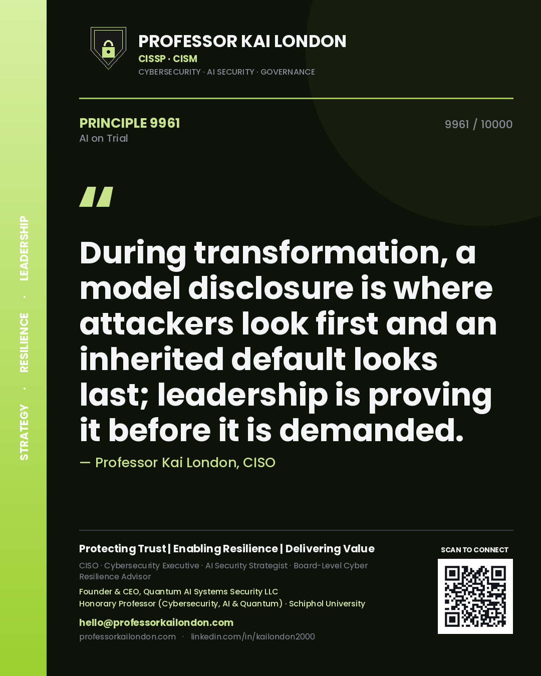 Professor Kai London principle 9961: During transformation, a model disclosure is where attackers look first and an inherited default looks last; leadership is proving it before it is demanded.