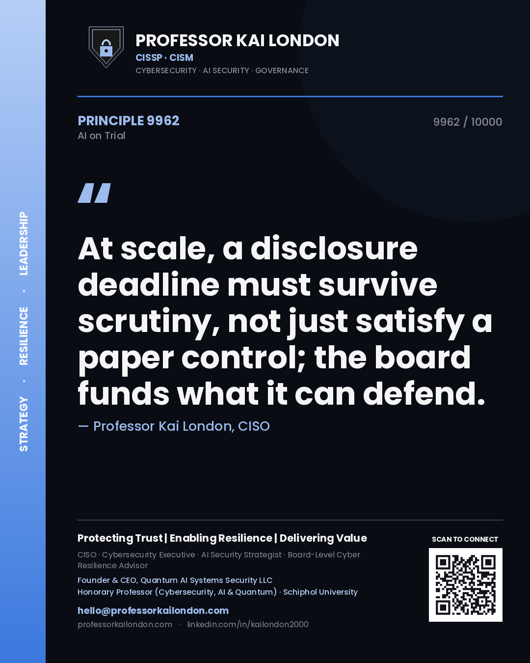 Professor Kai London principle 9962: At scale, a disclosure deadline must survive scrutiny, not just satisfy a paper control; the board funds what it can defend.