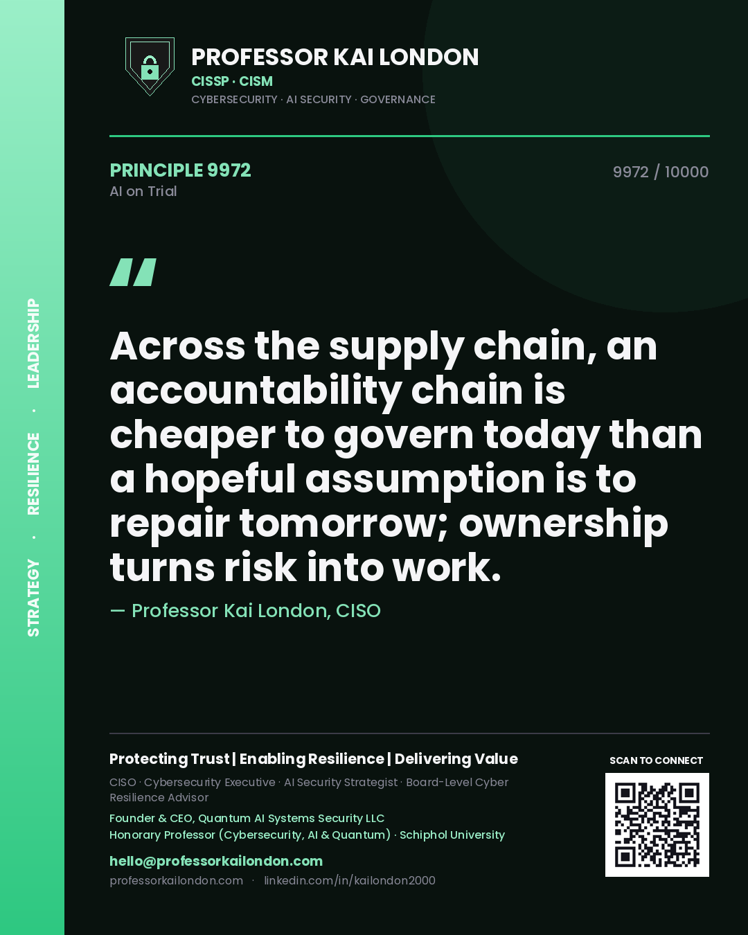Quote card by Professor Kai London reading 'Across the supply chain, an accountability chain is cheaper to govern today than a hopeful assumption is to repair tomorrow; ownership turns risk into work.'. From the book AI on Trial.