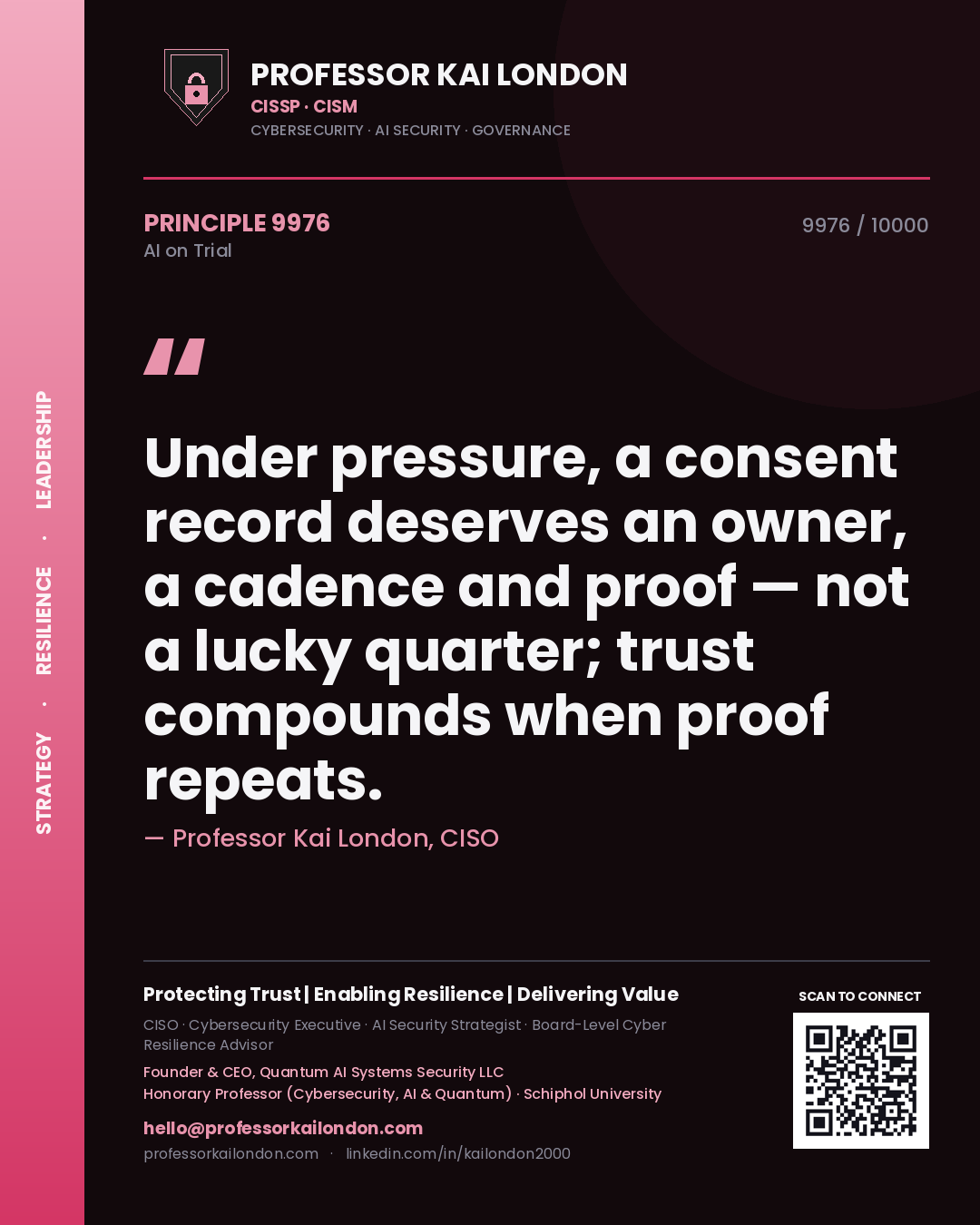 Professor Kai London principle 9976: Under pressure, a consent record deserves an owner, a cadence and proof — not a lucky quarter; trust compounds when proof repeats.