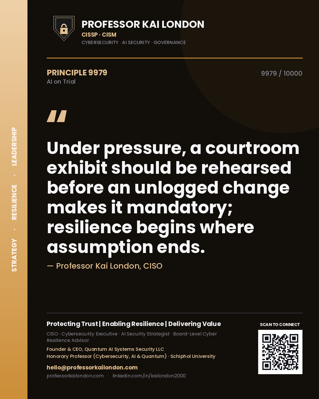 Professor Kai London principle 9979: Under pressure, a courtroom exhibit should be rehearsed before an unlogged change makes it mandatory; resilience begins where assumption ends.