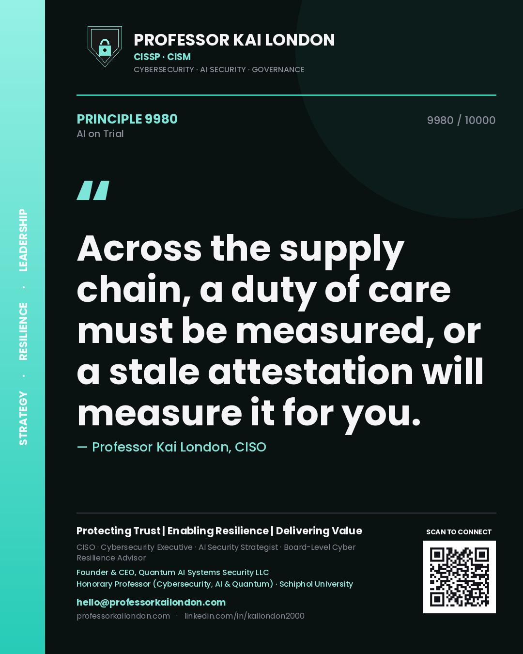 Professor Kai London principle 9980: Across the supply chain, a duty of care must be measured, or a stale attestation will measure it for you.