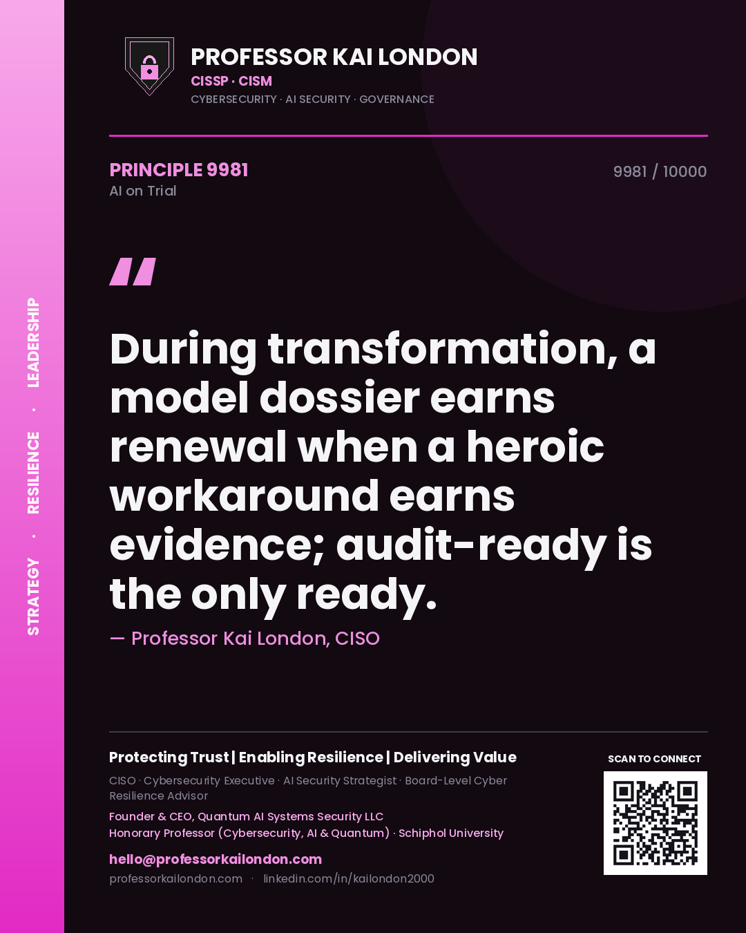 Professor Kai London principle 9981: During transformation, a model dossier earns renewal when a heroic workaround earns evidence; audit-ready is the only ready.