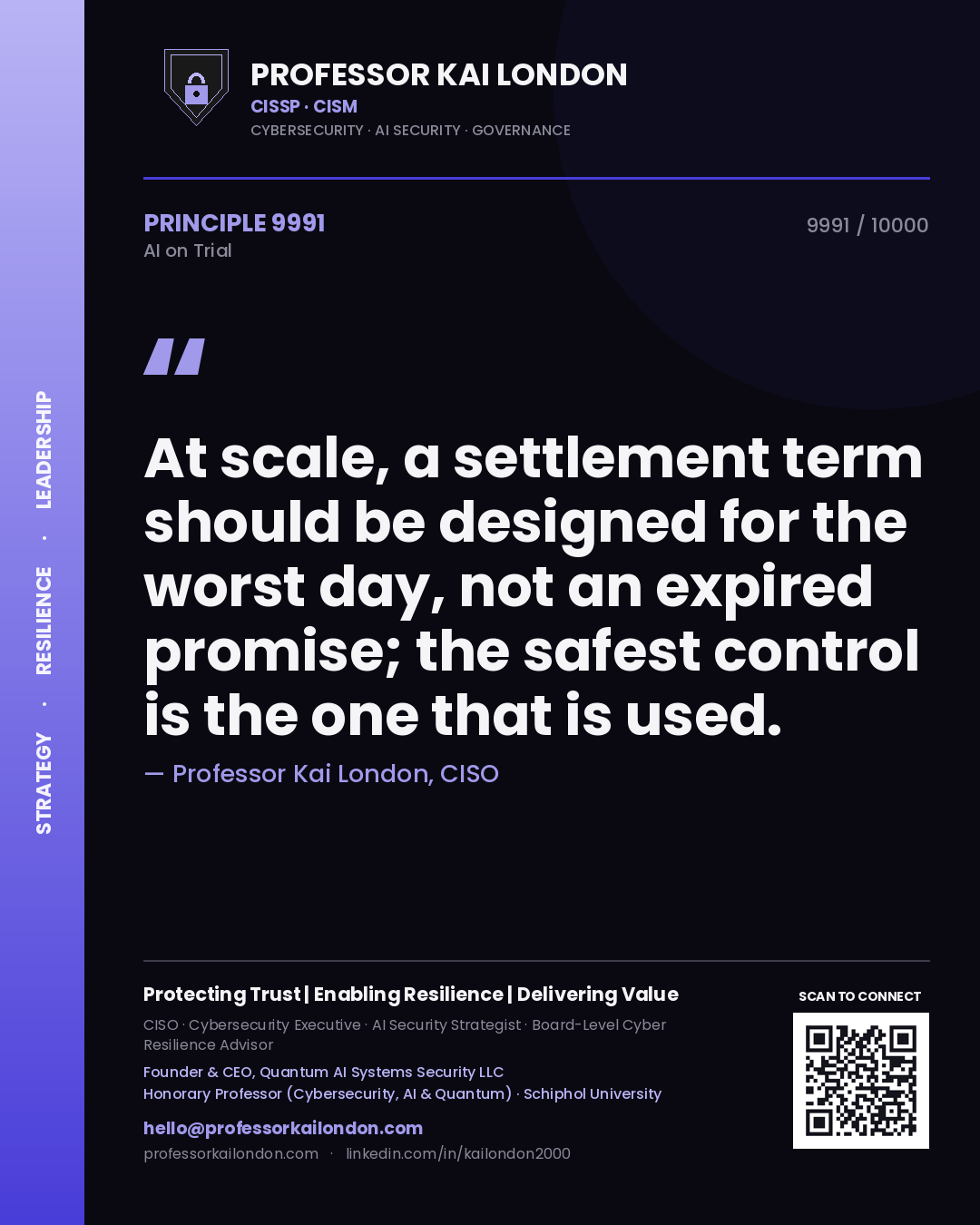 Professor Kai London principle 9991: At scale, a settlement term should be designed for the worst day, not an expired promise; the safest control is the one that is used.