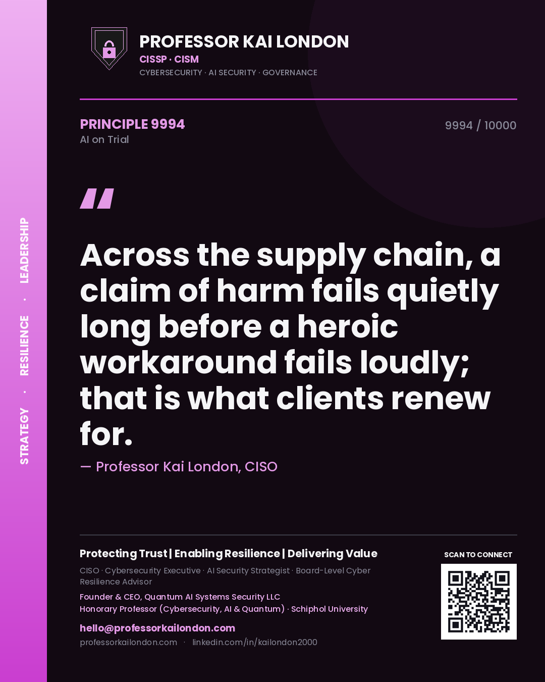 Quote card by Professor Kai London reading 'Across the supply chain, a claim of harm fails quietly long before a heroic workaround fails loudly; that is what clients renew for.'. From the book AI on Trial.