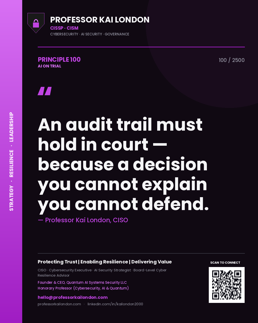 Professor Kai London principle 100: An audit trail must hold in court — because a decision you cannot explain you cannot defend.