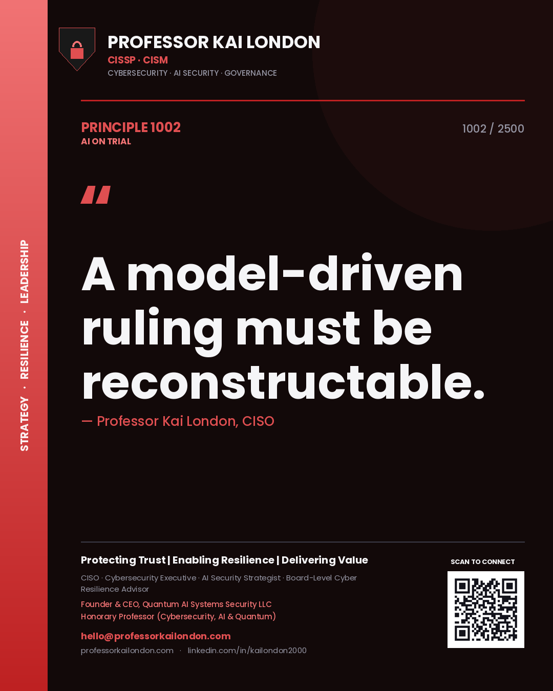 Quote card by Professor Kai London reading 'A model-driven ruling must be reconstructable.'. From the book AI on Trial.