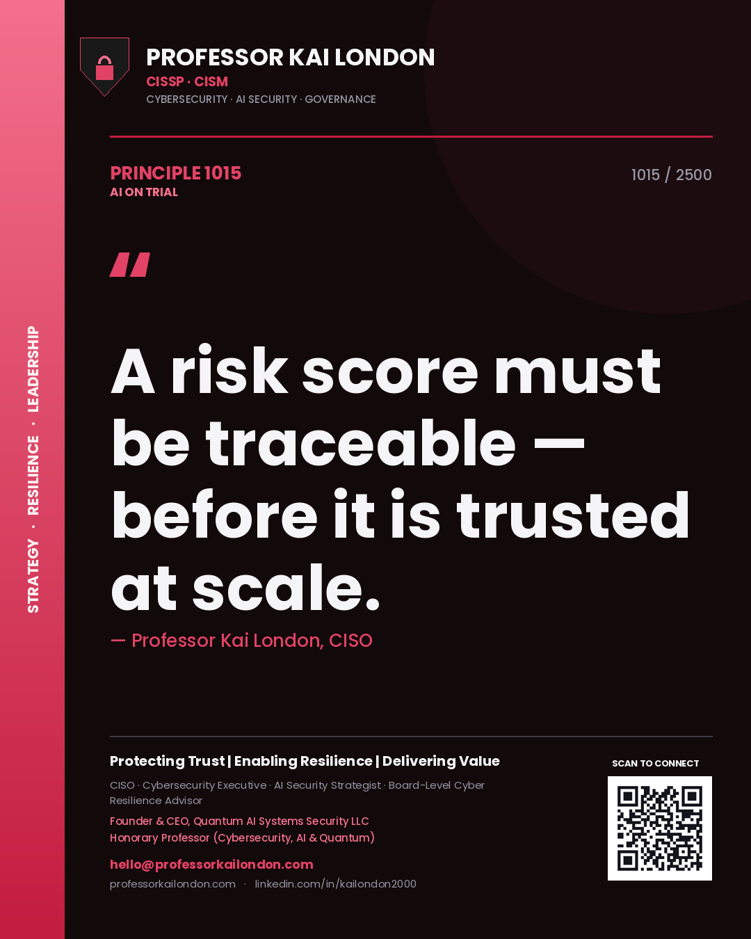 Professor Kai London principle 1015: A risk score must be traceable — before it is trusted at scale.