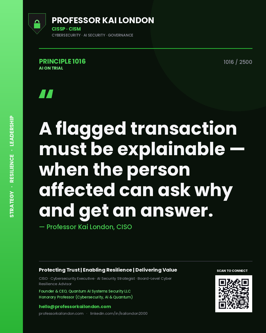 Professor Kai London principle 1016: A flagged transaction must be explainable — when the person affected can ask why and get an answer.