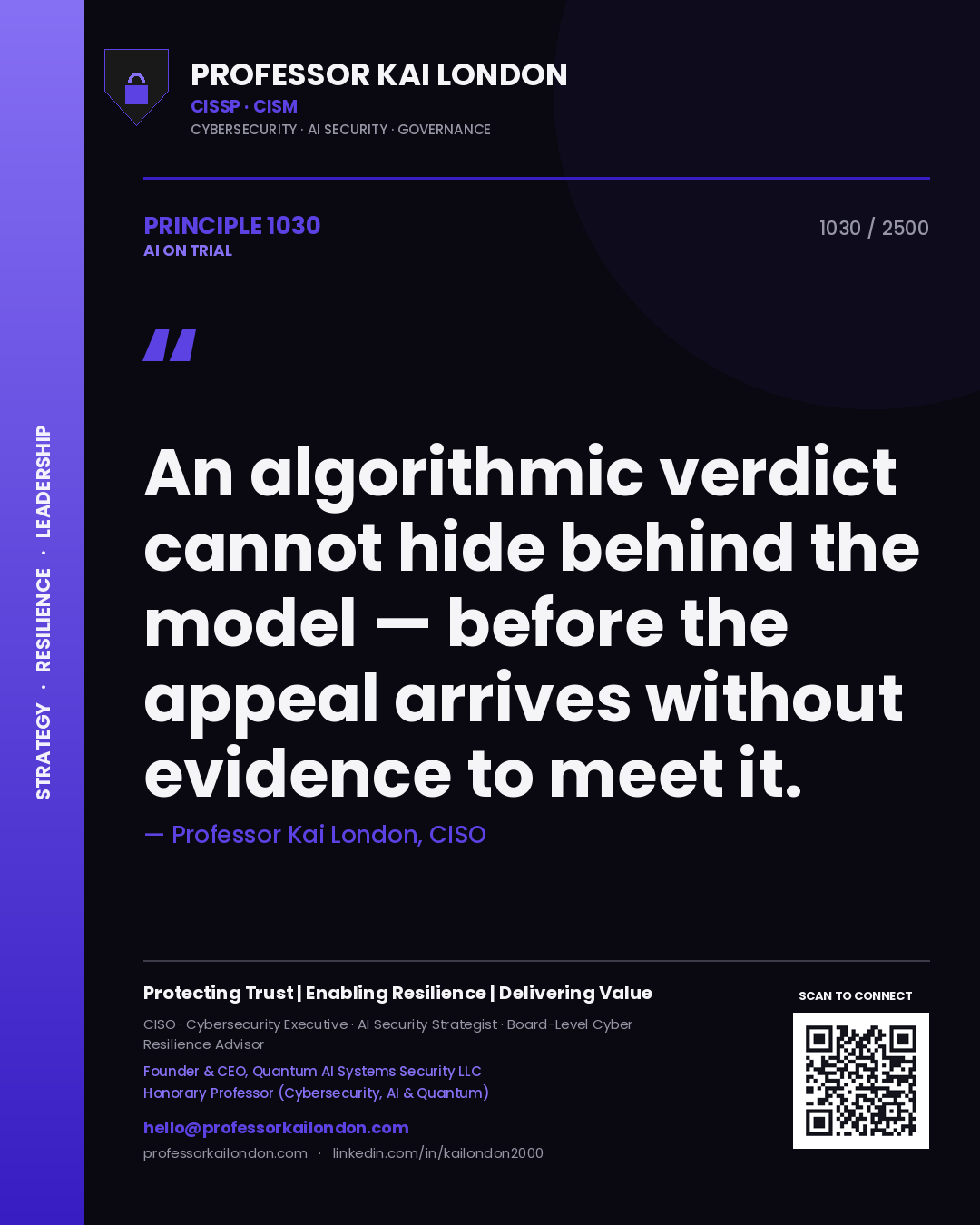 Professor Kai London principle 1030: An algorithmic verdict cannot hide behind the model — before the appeal arrives without evidence to meet it.