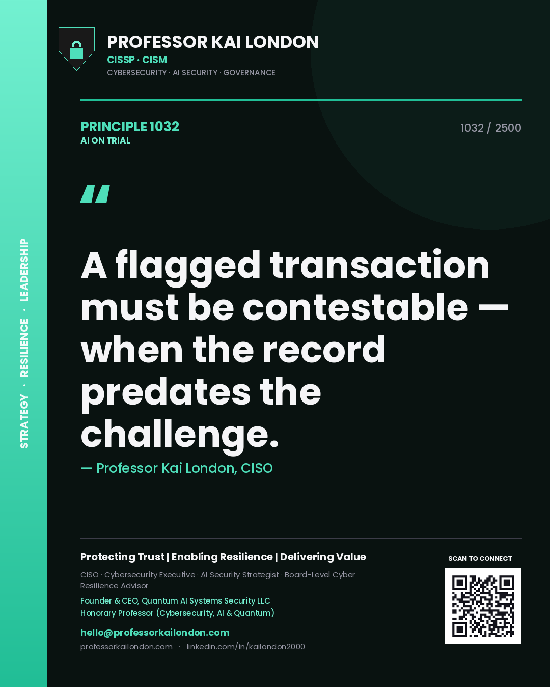 Professor Kai London principle 1032: A flagged transaction must be contestable — when the record predates the challenge.