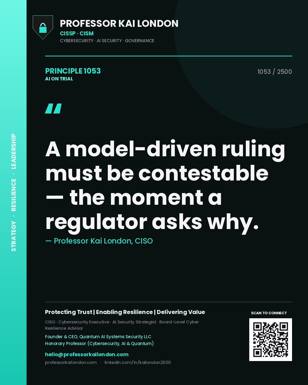 Professor Kai London principle 1053: A model-driven ruling must be contestable — the moment a regulator asks why.